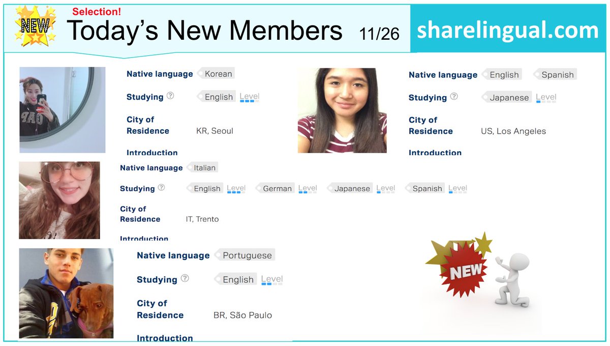 sharelingual's tweet photo. We introduce new members of https://t.co/bFlrmDzeZZ which aims to bring together language learners who are looking to exchange.
https://t.co/27QAMTkqDq

#language_exchange #language #LanguageLearning https://t.co/TcumDEuwCe