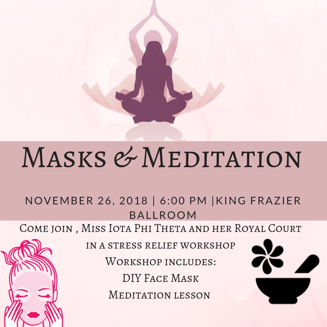 traapnificent's tweet photo. “Meditation means the recognition or discovery of one’s own true self”🧘🏾♀️ Come out and join Iota Phi Theta Royal Court as they approach finals week with a peace of mind and a good time!
De-stress with masks, meditation and conversation (dress comfortably)💕 #SSU #SSUIotas https://t.co/Ad9KmnaT9g