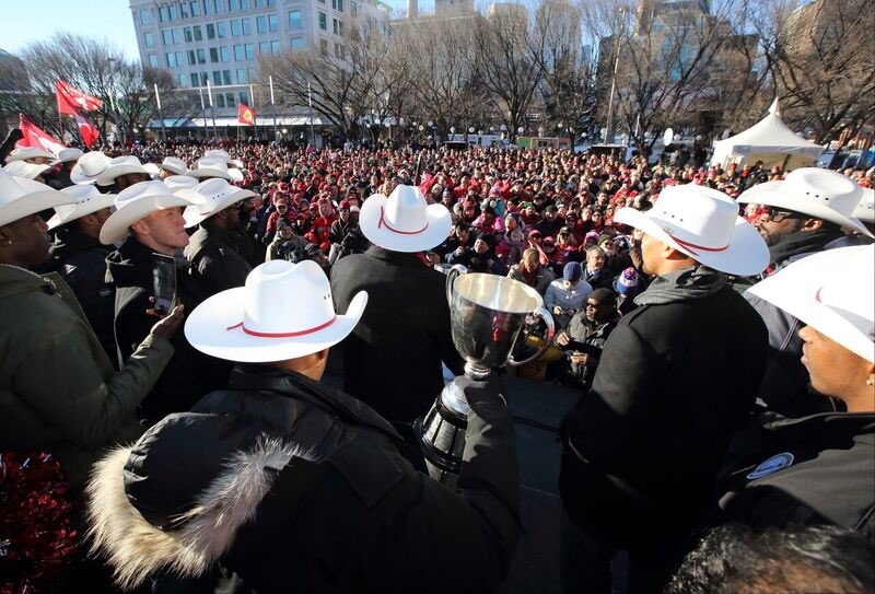 cityofcalgary's tweet photo. Congratulations to our 2018 #GreyCup Champions – the @calstampeders! Join them, @nenshi &amp; more on Tuesday from 12-1pm for a Grey Cup Celebration Rally in the Municipal Plaza. 
#GoStampsGo #greycup2018 https://t.co/Xhrw9BbLZA