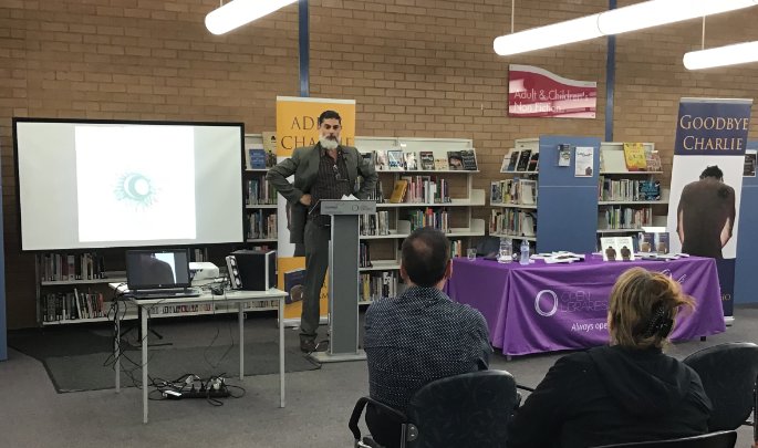FCOpenLibraries's tweet photo. Local author #CarlosCamacho launched his book #GoodbyeCharlie. Part 2 with great success at #FairfieldLibrary on Thursday 21 November. Attendees of the event enjoyed listening to the talk given by Carlos and were entertained by dancers performing the tango. https://t.co/M9XnustIvb