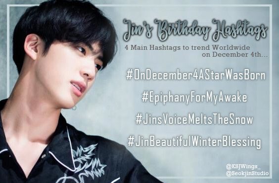 JINisKING3's tweet photo. Good Morning. 
#MAMAVOTE #BTS @BTS_twt 
Please remember and retweet ☺️

4 main hashtags to trend 
Worldwide for Jin's birthday

#/JinsVoiceMeltsTheSnow 
#/JinBeautifulWinterBlessing 
#/EpiphanyForMyAwake 
#/OnDecember4AStarWasBorn https://t.co/A0mvkateUQ