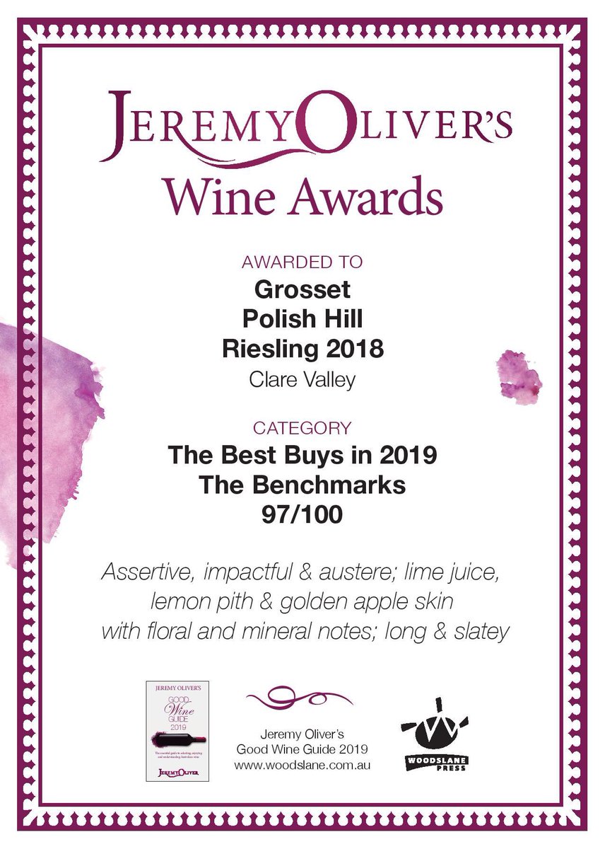 #GrossetPolishHill 2018 has been awarded 97/100 points and listed in ‘The Benchmarks’ category by Jeremy Oliver. #grossetwines#grosset#clarevalley##certifiedorganic#auswine#wine#riesling