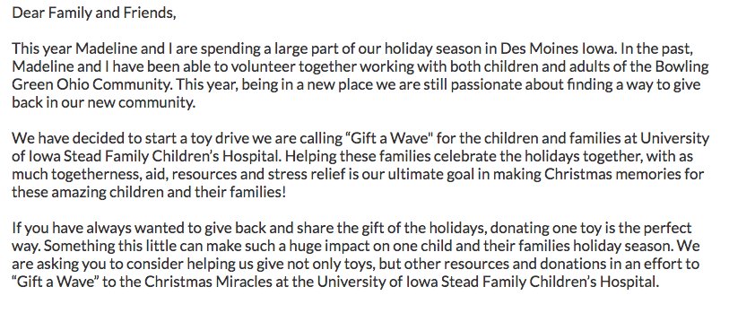 Mitch McLain (@moosemclain6) on Twitter photo Let's do this together! Madeline and I would love your help in our efforts to give the children and families of the <a href="/UIchildrens/">UI Health Care Stead Family Children's Hospital</a> hospital a special holiday season! Visit our pages to learn how you can give! #GIFTaWAVE
facebook.com/Gift-A-Wave-fo…
gofundme.com/gift-a-wave-fo… Let's do this together! Madeline and I would love your help in our efforts to give the children and families of the <a href="/UIchildrens/">UI Health Care Stead Family Children's Hospital</a> hospital a special holiday season! Visit our pages to learn how you can give! #GIFTaWAVE
facebook.com/Gift-A-Wave-fo…
gofundme.com/gift-a-wave-fo…