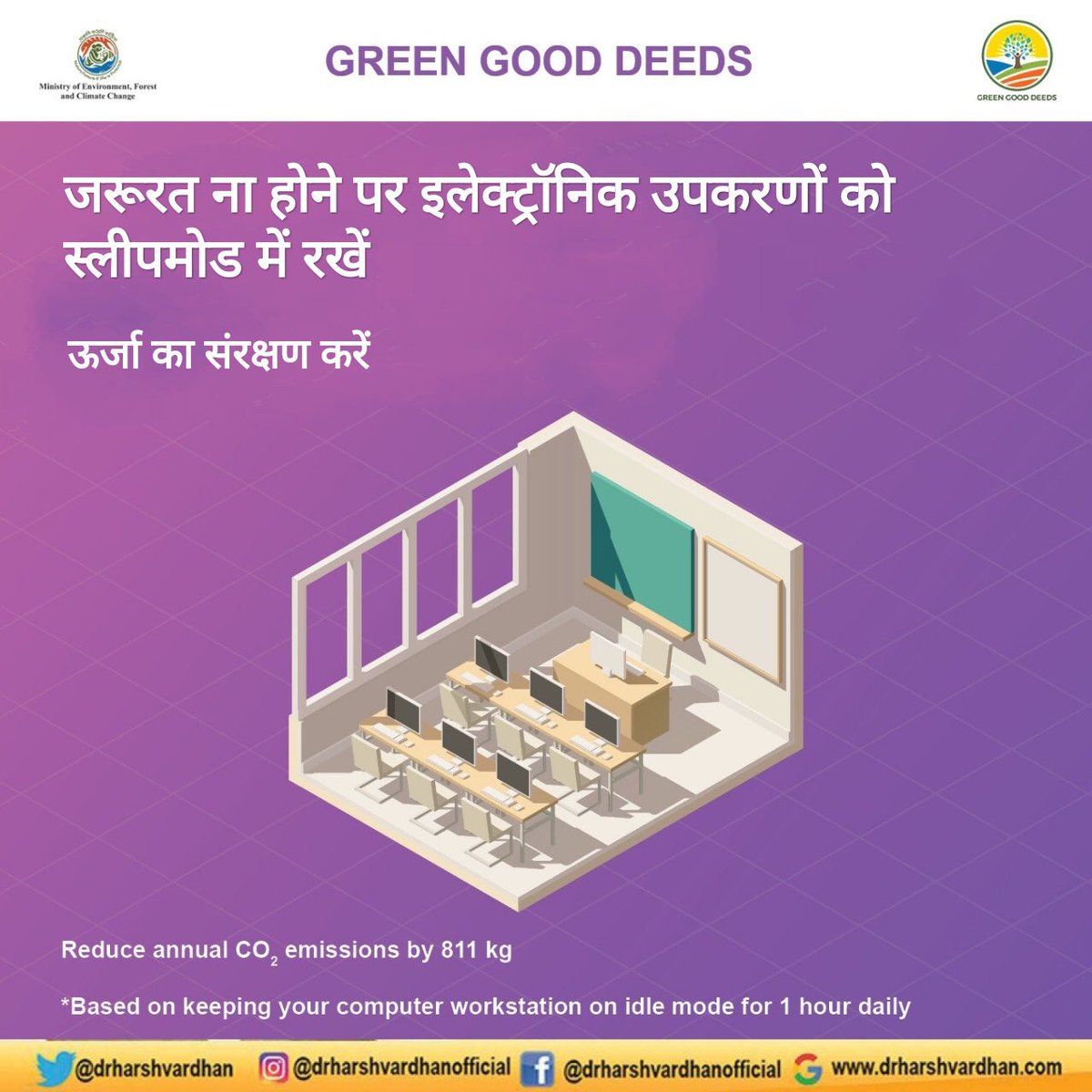 #GreenGoodDeed_58

जब कार्य ना हो रहा हो तो अपने #कम्प्यूटर व अन्य #इलेक्ट्रॉनिक उपकरणों को स्लीपमोड पर रखें। ऐसा करने से इलेक्ट्रॉनिक उपकरण अधिक समय तक चलते हैं व शीघ्र खराब नहीं होते और इसप्रकार #ऊर्जा की बचत भी होती है।
<a href="/moefcc/">MoEF&CC</a> @UNEnvironment