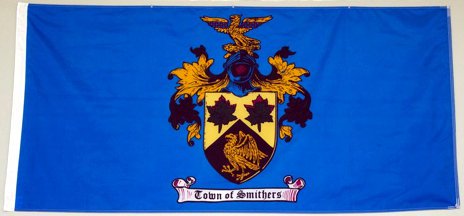 107: SMITHERS (3.4 points)- Too many dark colours- Still just a crest- Why is the "Town of Smithers" thing on a pretend scroll, this is a flag