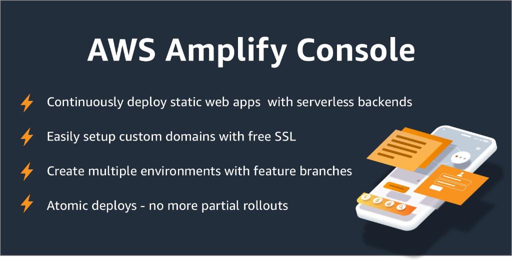 AWSEvents's tweet photo. Introducing AWS Amplify Console, a continuous deployment &amp; hosting service for modern web applications. #reInvent https://t.co/3M5h9r1BoD https://t.co/fUeK2iX4at