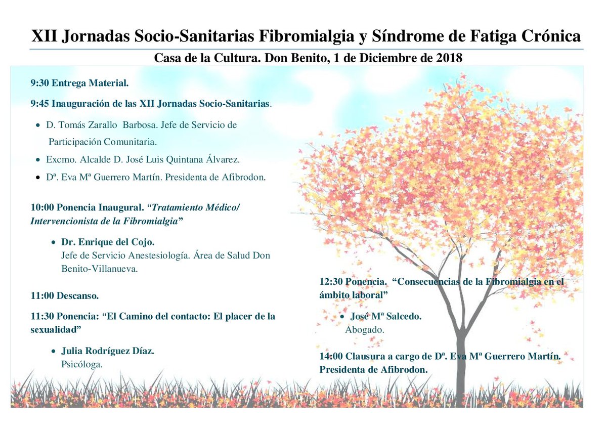AFIBRODONG's tweet photo. Este sábado 1 de Diciembre celebramos las XII Jornadas Socio-Sanitarias sobre Fibromialgia y Síndrome de Fatiga Crónica. El lugar de encuentro será en la Casa de la Cultura de Don Benito, en horario de 9:30 a 14:00h.
¡Os esperamos! https://t.co/biPlka8nWr