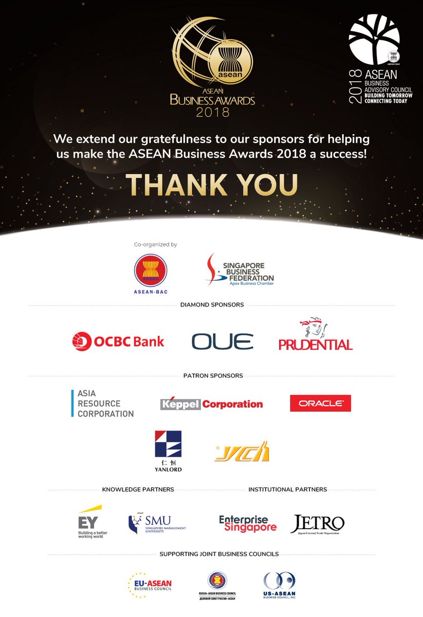aseanbac18's tweet photo. Thanks to all our sponsors and partners for supporting and making this event a success!
#ASEANBAC #aseanbac2018 #ABA2018 https://t.co/b8EFyCHJlQ