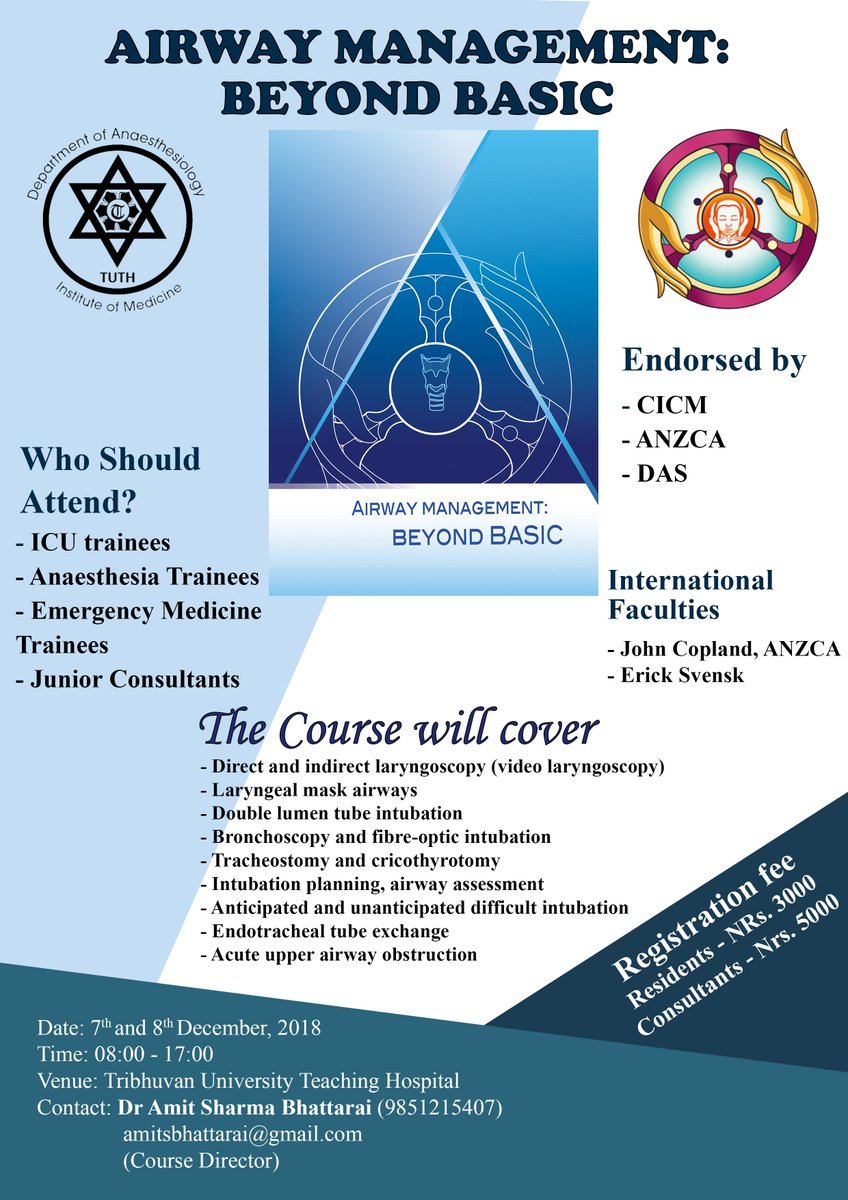 BASICNepal's tweet photo. Do you wish to step further in  advanced airway management? If yes, come join us to uptodate yourself on latest airway advances. Save your dates for 7 and 8 December, 2018. @drsuvash @hempaneru @bhattaraias @PrameshShrestha @basu011 @siju28114629 @MeghaKoirala @ninanepal https://t.co/pdnk3syZk5