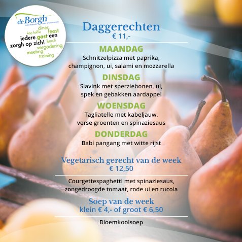 deBorgh's tweet photo. Geen zin/tijd om te #koken deze week? Kom langs voor een #lekker #daggerecht deze week! 🍛 #aantafel #zevenbergen https://t.co/vZImlVkkip
