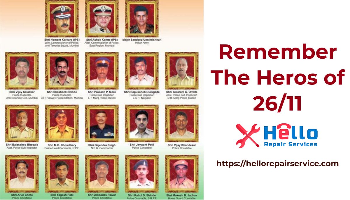 HelloRepair's tweet photo. Remembering the hero's of 26/11.
They kept nation before self. 
You continue to live in our heart ...
#MumbaiTerrorAttack 
#2611Attack https://t.co/atmIZMfiIm