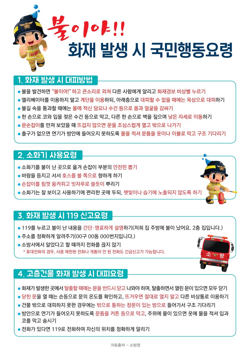 제409차 #민방위의_날 #전국_화재_대피_훈련 🔥

* 훈련일시:  2018.11.27. (화) 14:00~14:20

전국에서 실시하는 화재 대피 훈련에 시민분들 모두 참여 부탁드려요:)

또한, 화재 발생시 국민행동요령을 알려드리오니, 
시민분들께서는 꼭 숙지하시길 바랍니다 😀

#성남시 #상대원1동