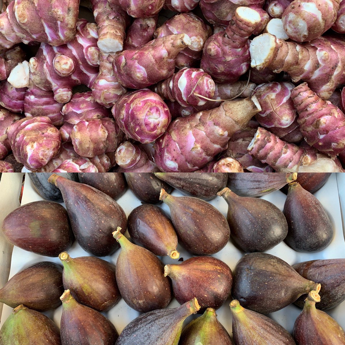 Today’s #jerusalemartichokes are gorgeous. These #peruvian #figs ain’t too shabby either! #topinambourg #shoplocal #fruitandveg #greengrocer #homecooking #teamtottenham #veggies