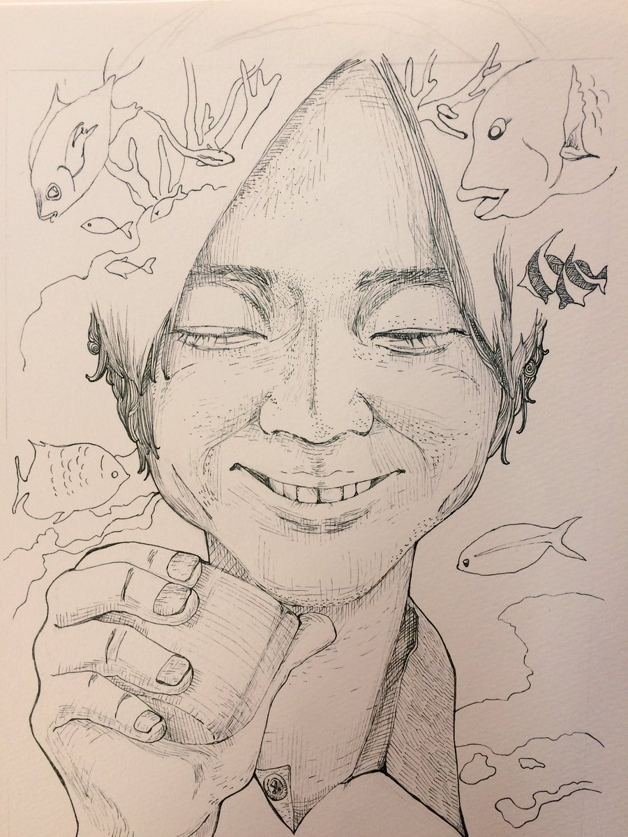 魚たちは水彩で描きこもうと思ってます。
しっかし、夫を描いたのに似てない!w
#アナログイラスト 