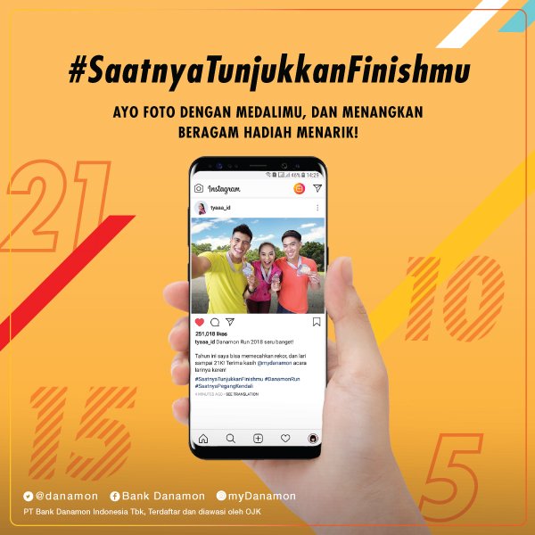 danamon's tweet photo. Untuk kamu yang kemarin ikut #DanamonRun2018, yuk ikut kompetisi foto di Instagram. Caranya, follow dulu akun Instagram kita (@)myDanamon, lalu posting foto sambil nunjukin medalimu.

Mau tahu syarat &amp; ketentuan lengkapnya? Klik: https://t.co/VdRukKZllO

#SaatnyaTunjukkanFinishmu https://t.co/xYvhek6fjR