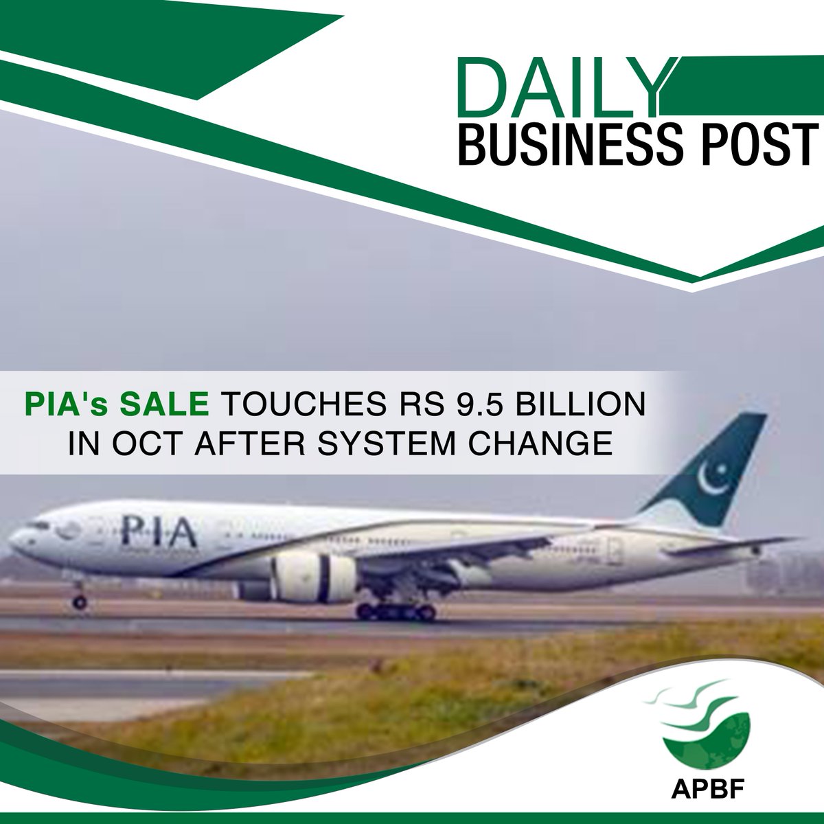 apbfpk's tweet photo. PIA's sale touches Rs 9.5 billion in Oct after system change.
#PIASale #SystemChange #APBF #AllPakistanBusinessForum #apbfpk
For Details:
https://t.co/wxqcHneT6R https://t.co/8fRFsrMjse