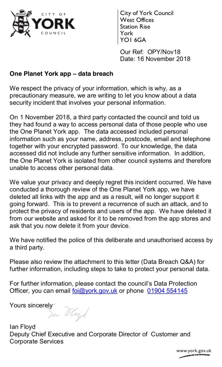 troyhunt's tweet photo. This breach notice from @CityofYork doesn’t feel good: are they saying they built a product with a vulnerability in it, someone reported it to them privately and now they’ve called the cops? Geez I hope not. https://t.co/eQwyRwahf2