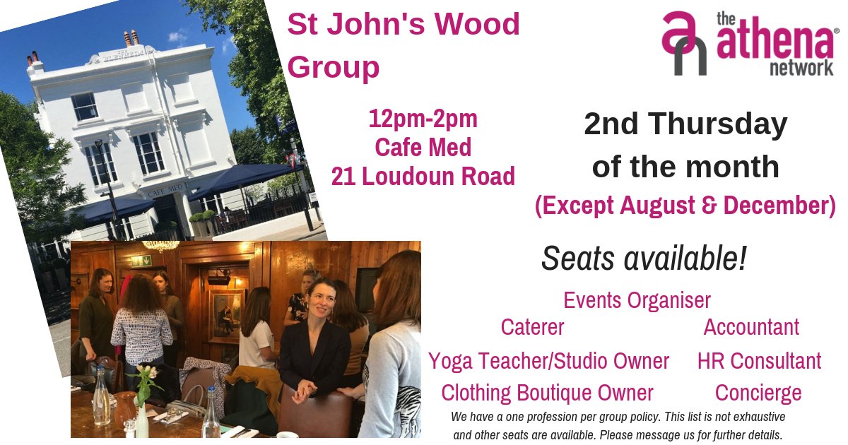 Athena_N_London's tweet photo. There are no meetings in December but you can join us at St John's Wood on Thursday 10th January 2019.
Contact me for more information and to book your place.
#Networking #NorthLondon #WomenInBusiness #DatePlanning #SaveTheDate #Meetings #womensnetworking #womeninbusiness https://t.co/eVGLpHlPbW