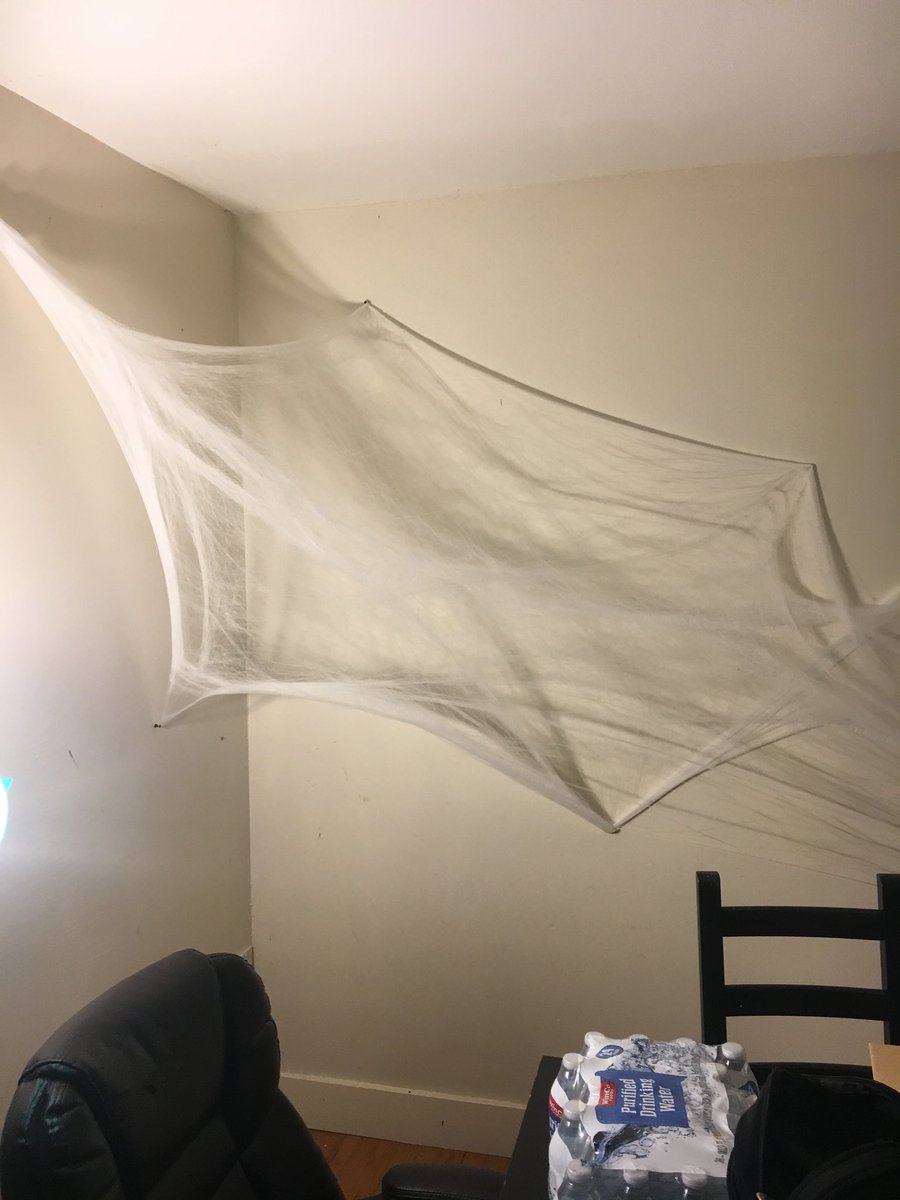 MasonSoria's tweet photo. Our Halloween spiderweb decorations that are still up are gonna stay up cause they Christmas snow decorations now lmao https://t.co/OTtoMlshqZ