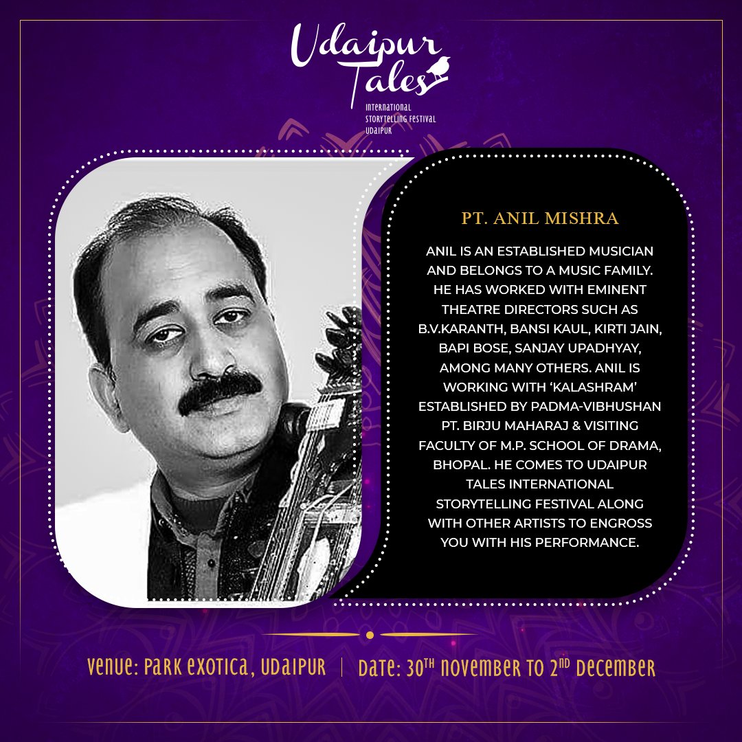 UdaipurTales's tweet image. (2/2) #UTF2018
Yogesh Pandey, Ashique Kumar, Lakhan Ahirwar, Pt. Anil Mishra, Dr Prerna Kumar &amp;amp; Punit Tiwari. The 6 fine artists come together to Udaipur Tales Int'l Storytelling Festival to engross with their performance.
Dates: Nov 30- Dec 2'18.
Tickets: bit.ly/2PC9d4n