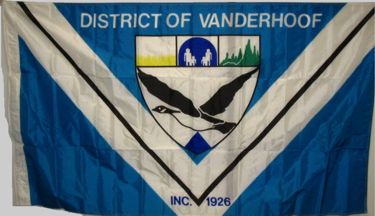 61: VANDERHOOF (4.7 points) - What are the people walking towards, I'm scared- One of the worst examples of putting the incorporation date into the flag- The V is certainly gimmicky, but also not that shabby!