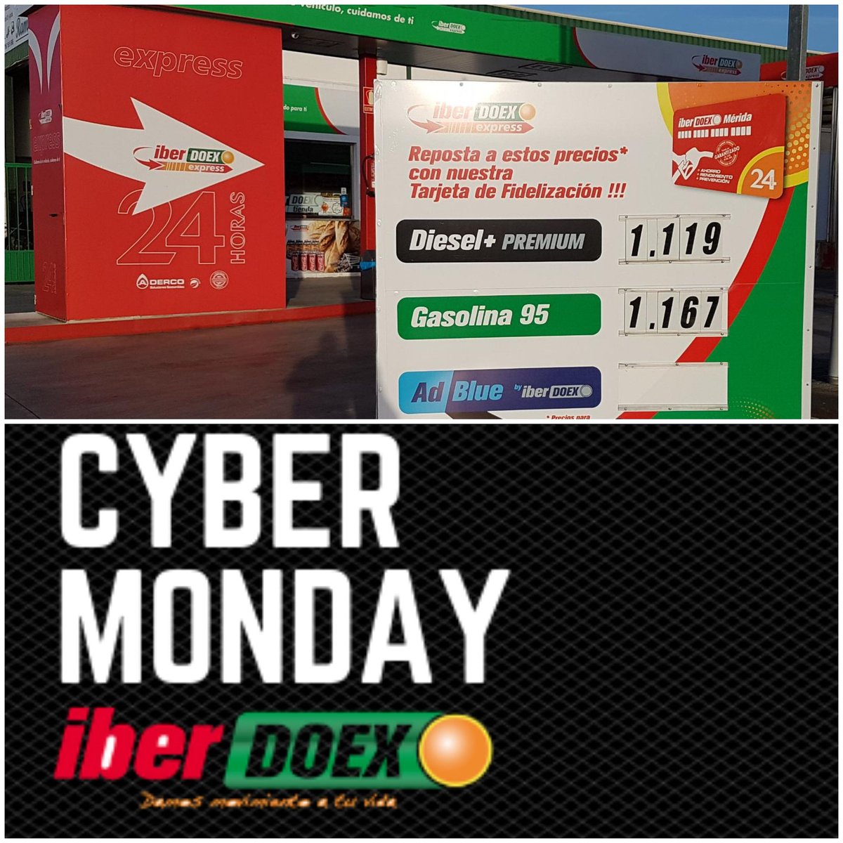 buranenergyme's tweet photo. ✔📣📣ABRE LOS OJOS. Bajamos aún más los precios❗❗
🗯CIBERMONDAY en Iberdoex.
🗯Con tu TJ de Fidelidad DIESEL+ 1,119 y SP95 1,167€/L.
-
-
-
#cibermonday #iberdoexmerida #ahorro #limpieza #servicios #lavatucochegratis #ganas #nospreocupamos #viaja #repostaconnosotros https://t.co/BkV1G409wh