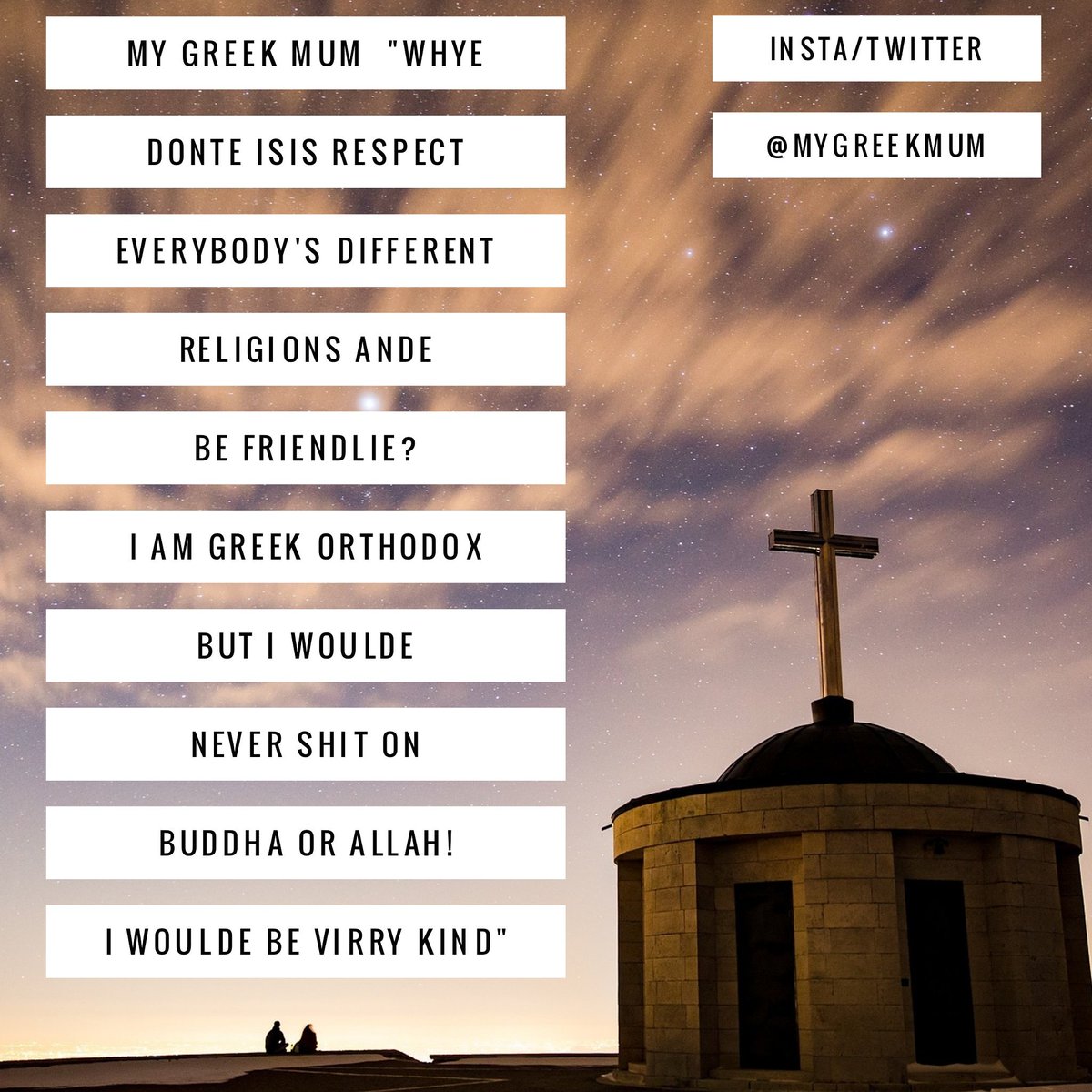 MyGreekMum's tweet photo. My Greek Mum on ISIS and religion.
Have a happy Monday and great week. :) Be Virry Kind to each other :) #mygreekmum #greek #greece #athens #athenian #greekorthodox #religion #church #buddha #allah #beexcellenttoeachother #family #love #MondayMotivation 
Instagram @MyGreekMum https://t.co/sG03RoEQ7A