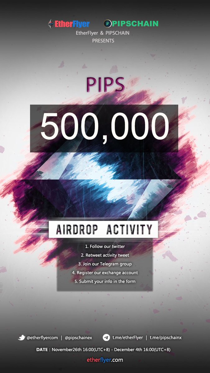 etherflyercom's tweet photo. 500,000 PIPS token airdrop activity! @pipschainex  @tech_sura @icohubs @legitairdropcom 1. Follow our twitter account ; 2. Retweet activity tweet:  More info：https://t.co/xs1kmZeSXS https://t.co/hHHF5n2bMO