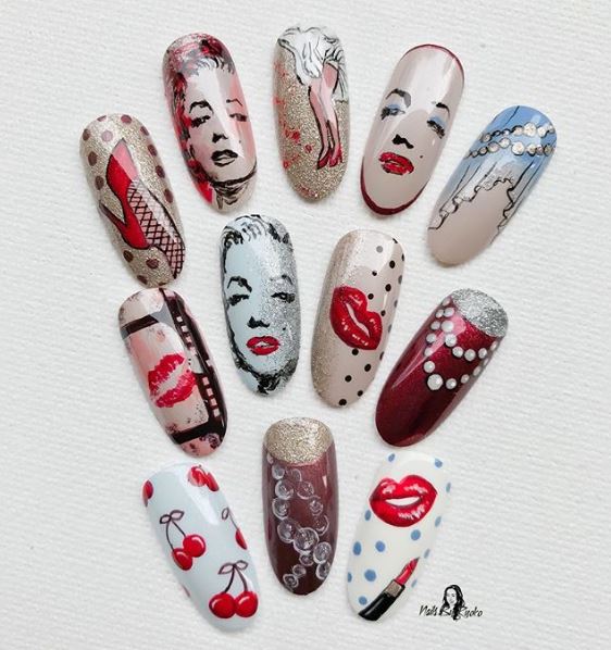 Celebrating #ManiMonday with Marilyn Monroe inspired holiday nail art! Which design do you want to recreate first?! Photo by <a href="/nailsbyryoko/">Ryoko Garcia</a> #makethemgelish #gelishofficial #MarilynMonroe #nailart