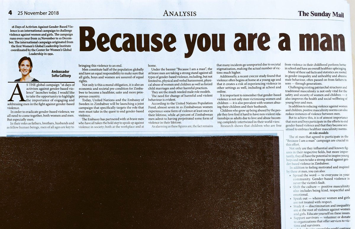 SwedeninZW's tweet photo. BECAUSE YOU ARE MAN!
Read Amb . @SofiaCalltorp’s OpEd in the @SundayMailZim on @SwedeninZW s engagement with #men in the journey to end gender based Violence #GBV - you can join the men campaign on : 
#BecauseIamaManZW @BecauseImaManZW @UNZimbabwe @AfricaSweMFA @MenEngageAfrica https://t.co/Cl7dzcqO28