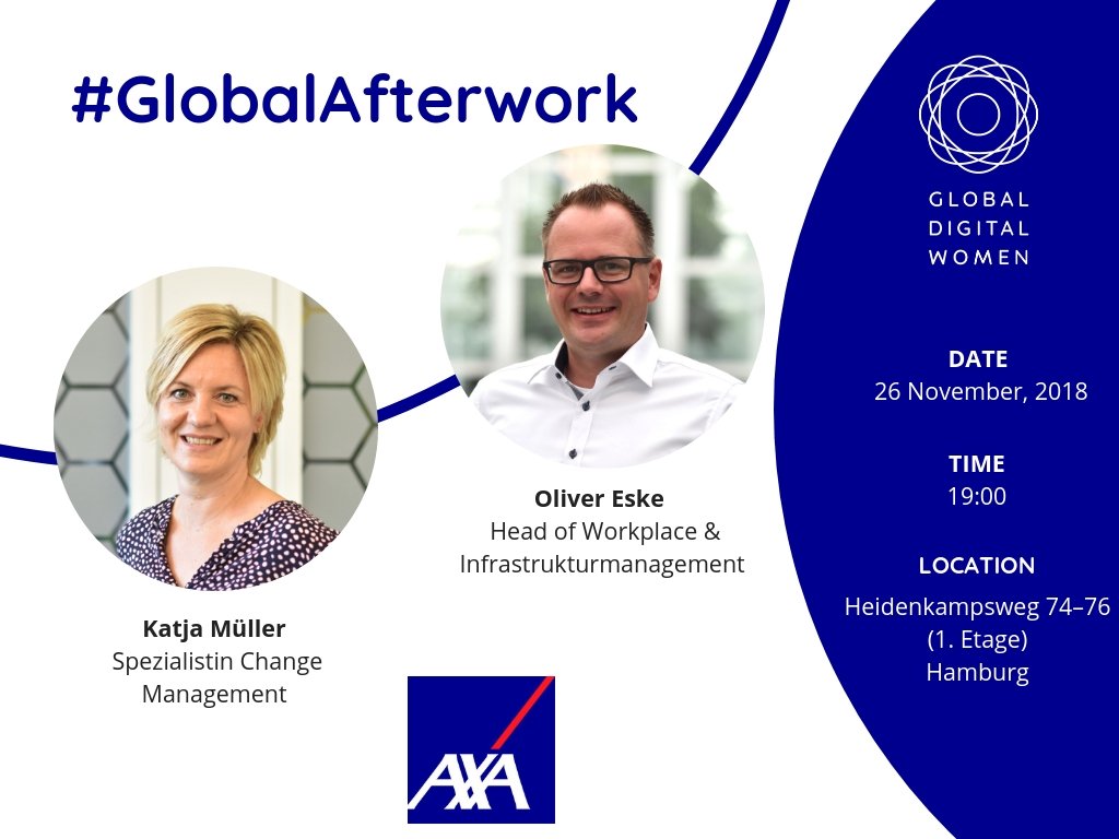 Moin  #GDW Ladies! >Today we are drawn to the North and happy to seeing you all at <a href="/AXADeutschland/">AXA Deutschland</a> in Hamburg tonight! Enjoy a warm introduction by the amazing Katja Müller and Oliver Eske and experience a tour at AXA's ''New Work'' workspaces. @DoeMueHam 
#GDWinHH #GDWxAXA 🌟 ✨
