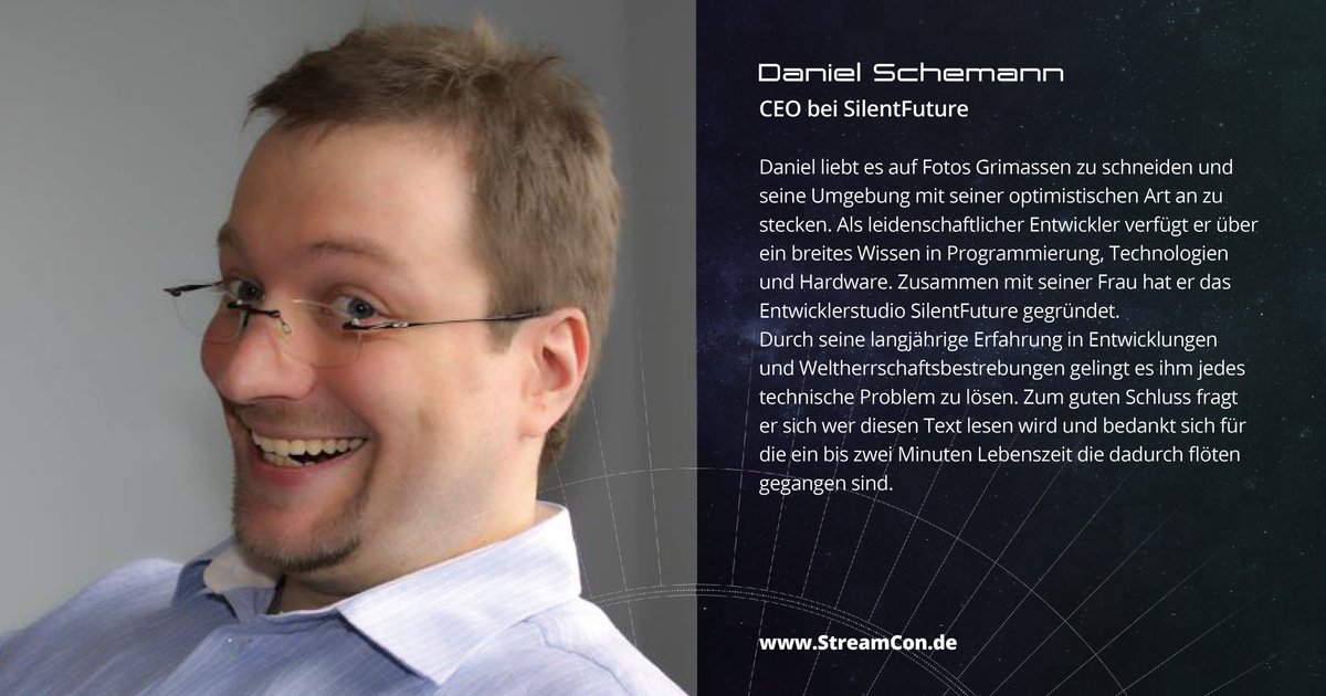 Stream_Con's tweet image. Wir starten die Woche mit der Ankündigung des nächsten Speakers: Daniel Schemann. Der fröhlich grinsende CEO von @silentfuture_de wird auf der #StreamCon einen Vortrag zum Thema: "Programming Viewer Engagement" halten.