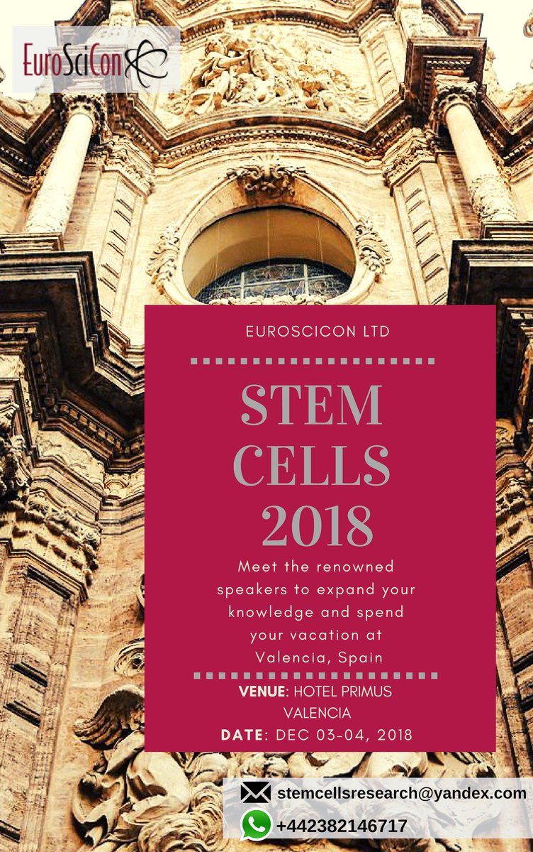 For bookings advanced-stemcells.euroscicon.com/registration        
FinalCall: Few days to go places are filling up rapidly for the foremost #StemCells 2018.  If you are thinking of attending, please do not delay as you may miss out
<a href="/SYNBiologics/">SYNBiologics</a> <a href="/Capricor/">Capricor Therapeutics</a> @ViaCyte <a href="/novonordiskus/">Novo Nordisk US</a> <a href="/UKSCF/">UKSCF</a> <a href="/EuropeanCancer/">European Cancer Organisation</a>