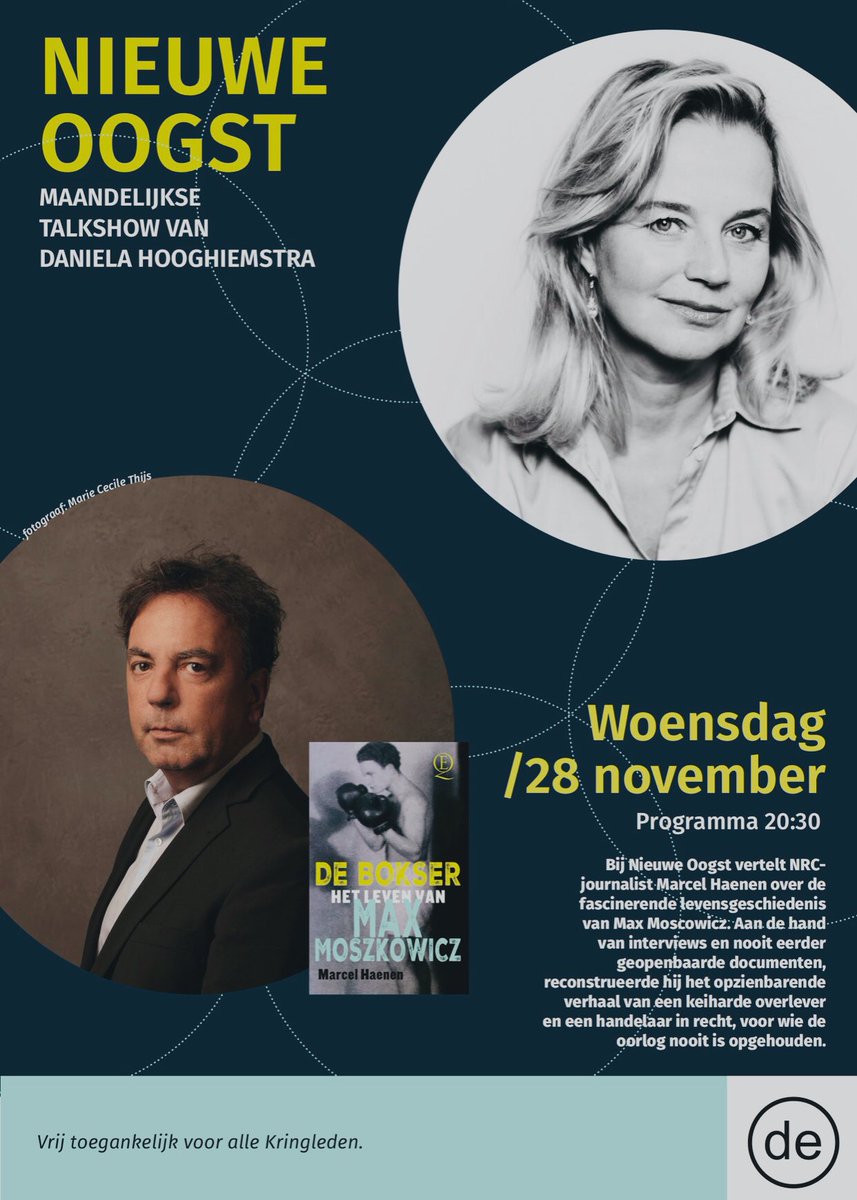 Querido_nl's tweet photo. Deze woensdag in Societeit de Kring: NRC-journalist @MarcelHaenen en historica Claire Weeda over hun research en hun vondsten voor de bestseller #DeBokser over Max Moszkowicz sr, holocaustoverlever en grondlegger van het advocatenimperium. @kringamsterdam @c_weeda https://t.co/8CV52SwwzV