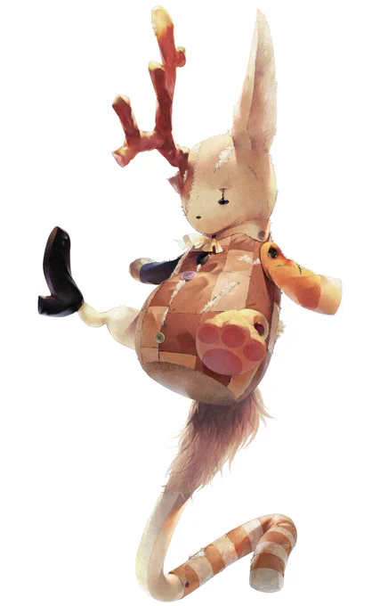 こちらはキャラデザしたマスコットキャラのF.K.です。猟奇的なゲーム性に合わせ、傷んだ部分を他の人形のパーツで補い続けていった設定にしました。 