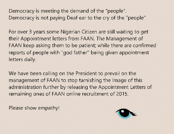 kunlay1's tweet photo. #faanrecruitment2015
Over 3years of waiting for AppointmentLetter. Please see attached image.
@MBuhari @ProfOsinbajo @atiku @MobilePunch @SaharaReporters @daily_trust @hadisirika @breketeConnect https://t.co/vnezDUrdSa