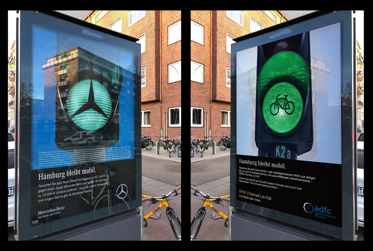 ADFC_Hamburg's tweet photo. Stadt #Hamburg wechselt Mobilitätspartner und ersetzt Werbeposter vom s(t)inkenden @MercedesBenz-Stern durch @FahrradClub-Symbol. #verkehrswende https://t.co/3V3kNYiKNB