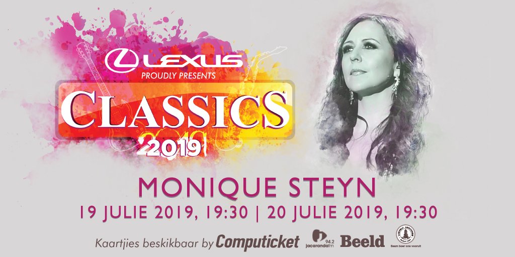 Kry vandag jou kaartjies vir #ClassicsIsGroot 2019. Met kunstenaars soos <a href="/MoniqueSteynSA/">Monique Steyn</a>, <a href="/elvisblue/">Elvis Blue</a> en <a href="/touchofclassmus/">Touch of Class</a> wat ou treffers afstof en op hul besonderse wyse vertolk, beloof dié vertoning om jou mee te voer. Kry dit hier: : bit.ly/Classics2019.
