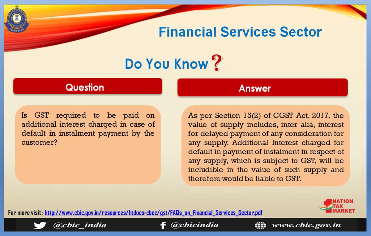 cbic_india's tweet image. Financial Services Sector 
FAQs on GST related issues of Financial Sector

#Banking #Insurance #StockBrokersSector #FAQsFinancialSector