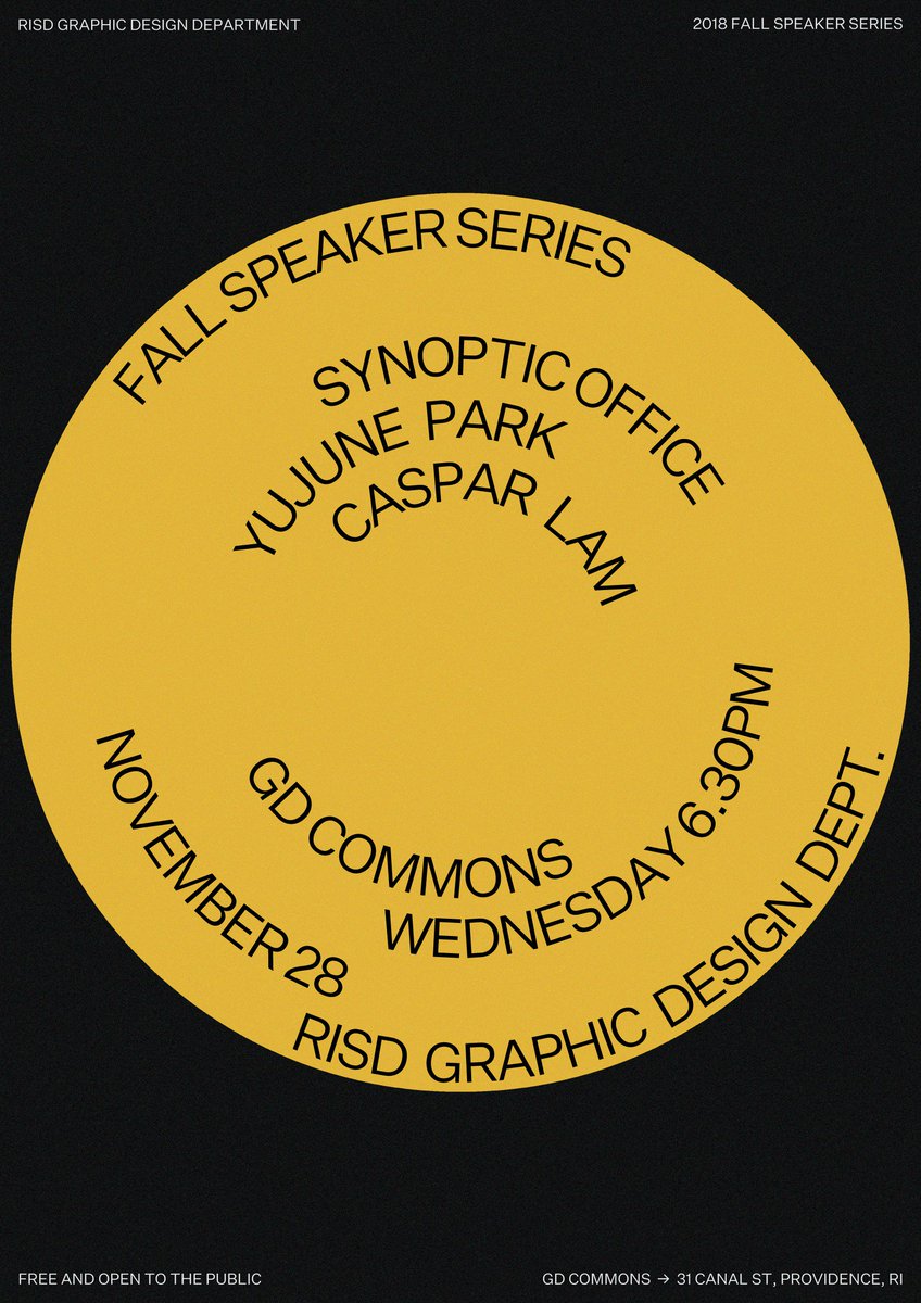 RISD Graphic Design (@risd_gd) on Twitter photo 🚨 This Wednesday 11/28 — our final event in the Fall Speaker Series 🚨
<a href="/SynopticOffice/">Synoptic Office</a> (Caspar Lam & YuJune Park)
6:30pm GD Commons
“I don’t think it’s feasible for someone to call themselves a designer and just make posters anymore.” (from eyeondesign.aiga.org/new-york-based…) 🚨 This Wednesday 11/28 — our final event in the Fall Speaker Series 🚨
<a href="/SynopticOffice/">Synoptic Office</a> (Caspar Lam & YuJune Park)
6:30pm GD Commons
“I don’t think it’s feasible for someone to call themselves a designer and just make posters anymore.” (from eyeondesign.aiga.org/new-york-based…)