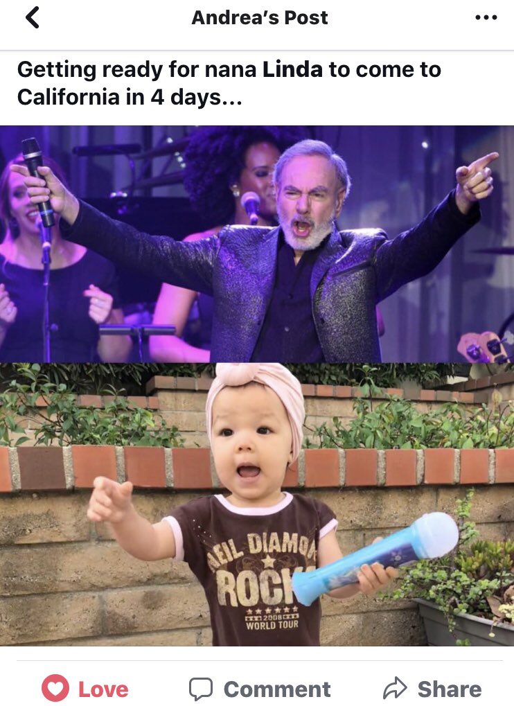 LSchildgen's tweet photo. Haha I love this so much! Can’t wait to get there and squeeze her. #audreylinnae #neildiamondrocks @KatieMcDiamond @NeilDiamond https://t.co/BsvYZSfSNl