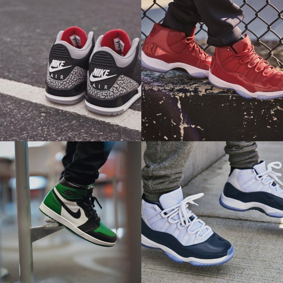 SOLELINKS's tweet photo. Ad: REFRESH at 10AM ET for product page

AJ1 'Pine Green'
=> https://t.co/KTZfsm1Ruy

AJ3 Retro ‘Black Cement’ 
=> https://t.co/wMC77eBYuF

AJ11 'Win Like 96'
=> https://t.co/BxYweFKXUr

AJ 11 'Win Like 82'
=> https://t.co/3O4Hcogycq https://t.co/Y5wQLTkbFG