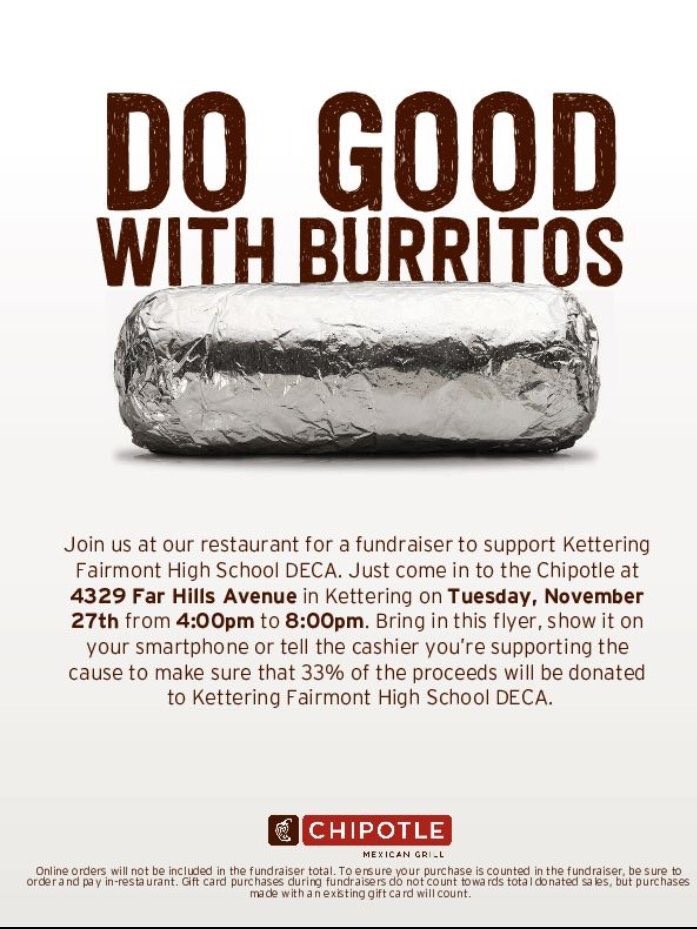 hallmktg's tweet photo. Everyone come out to Chipotle tomorrow night!! While you are out supporting Fairmont, make sure you show this flyer and/or say you’re there for DECA! https://t.co/VzoSaS36rV