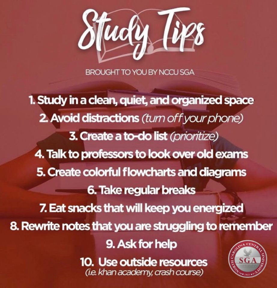 nccusga's tweet photo. #NCCU As finals approach in a few days, we wanted to provide you with some tips that are sure to help you secure that A at no limit! https://t.co/ygc49NAnKL