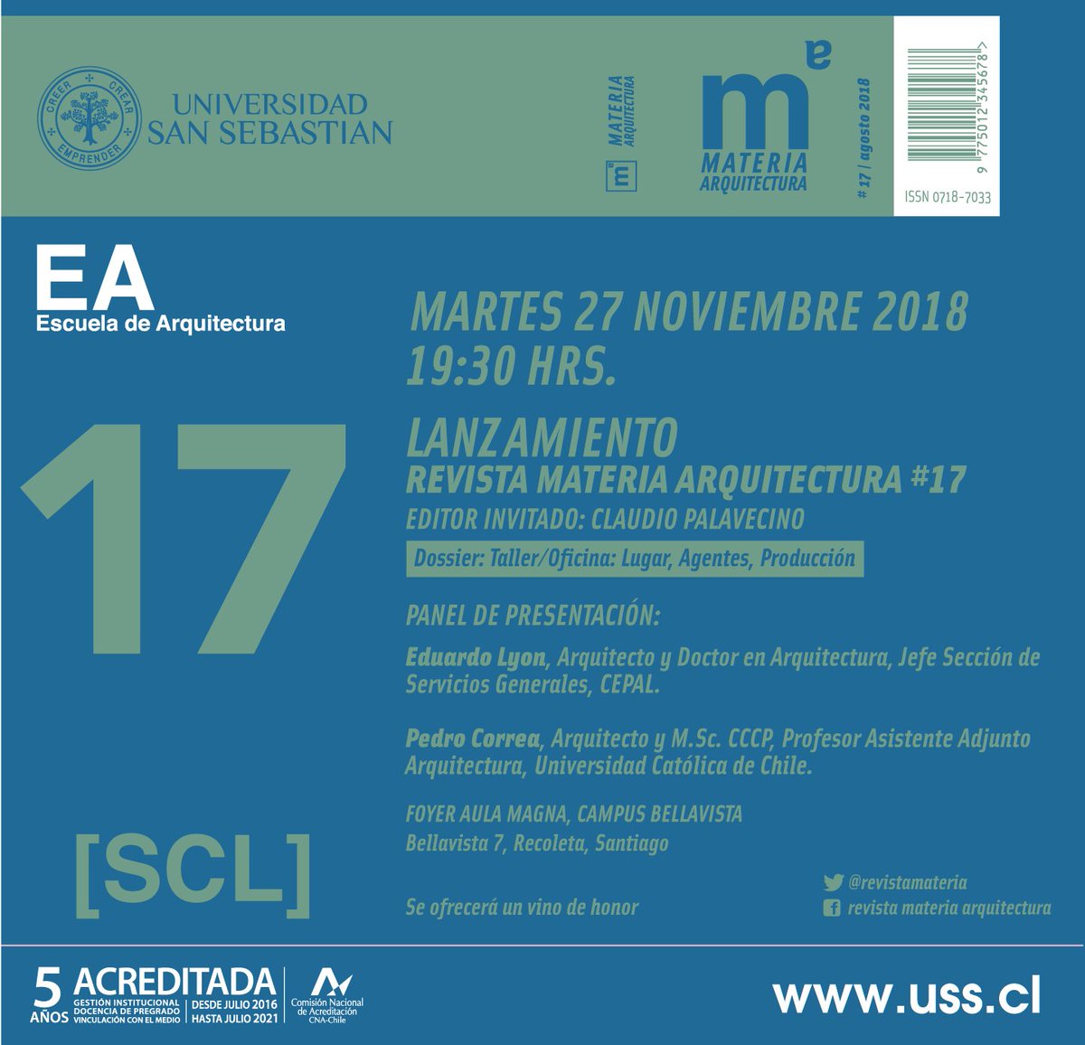 MAÑANA martes tod@s invitad@s al lanzamiento de <a href="/revistamateria/">Materia Arquitectura</a> #arquitectura #17 "Taller/Oficina: Lugar, Agentes, Producción" (7:30pm <a href="/EAUSS_Santiago/">Arq. USS Sede Stgo.</a> Bellavista #7 Recoleta). Presentan: Eduardo Lyon + Pedro Correa. Tendremos venta especial + vino de honor. Imperdible ¡Nos vemos!