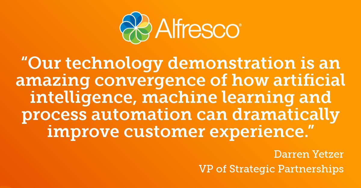 More than 50 <a href="/awscloud/">Amazon Web Services</a> solutions. #AI, #ML, Voice and Video. It's a demo unlike anything you've seen before. We're revolutionizing the #customerexperience. See it at Quad Booth #330 or learn more now: alfresco.com/news/press-rel… #reinvent #AlfrescoReinventing #alfrescoreinvent