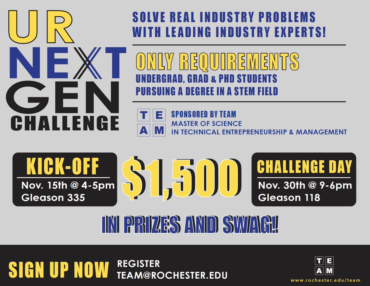UR_AinCenter's tweet photo. This Friday is the @UofR_TEAM UR Next Gen Challenge! Sign up by emailing team@rochester.edu 👍

#UREntrep #URTEAM https://t.co/Ws3xCRQDjM