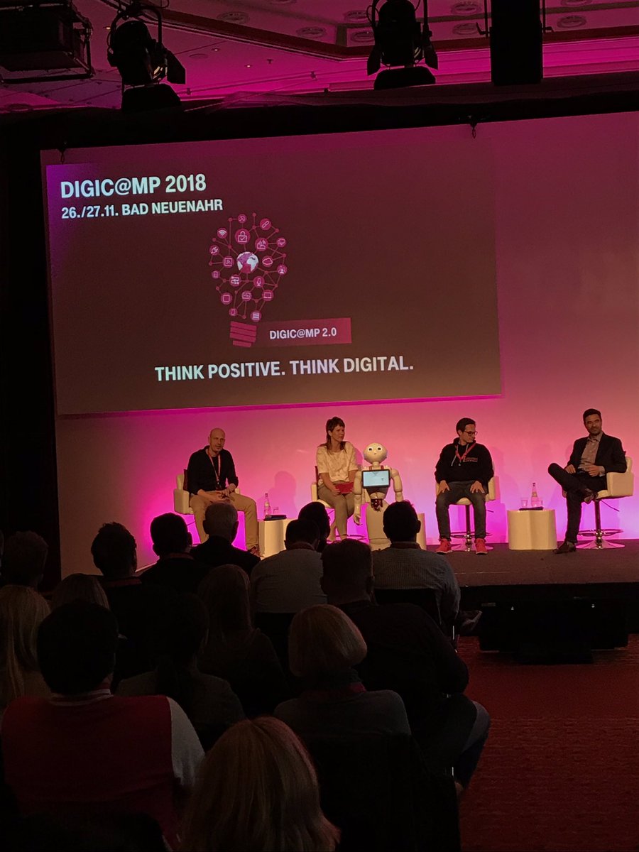 T_Digicamp's tweet photo. Talk with Sebastian Zeiss, Albert Henn, Pepper und Jan Hofmann #telekomwall #telekom #digital #talk #pepper #digicamp #2018 #badneuenahr https://t.co/7xL0faiidk