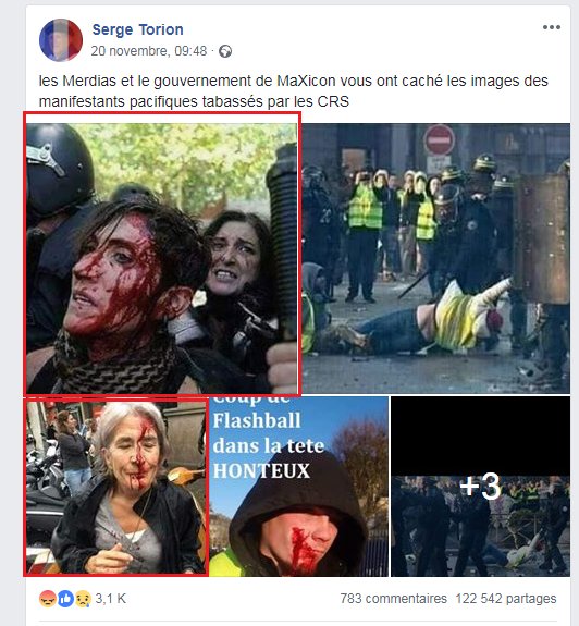 122.000 partages sur FB pour ces 7 photos et cette légende :
"Les Merdias et le gouvernement de MaXicon vous ont caché les images des manifestants pacifiques tabassés par les CRS".
Problème : la 1ère et la 3ème photo, où figurent des femmes ensanglantées, viennent d'Espagne
1/