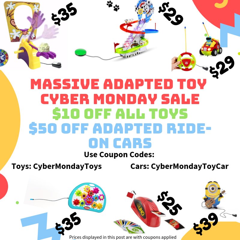AbleRacers's tweet photo. It’s our first #CyberMonday. We are doing a MASSIVE ADAPTED TOY SALE TODAY ONLY! $10 OFF ALL ADAPTED TOYS &amp; $50 OFF ADAPTED RIDE-ON CARS https://t.co/cbVOVJA5qA #adaptedtoys #disabilities Coupon Code for Toys: CyberMondayToys  &amp; Cars: CyberMondayToyCar https://t.co/SXcn6aQz4g